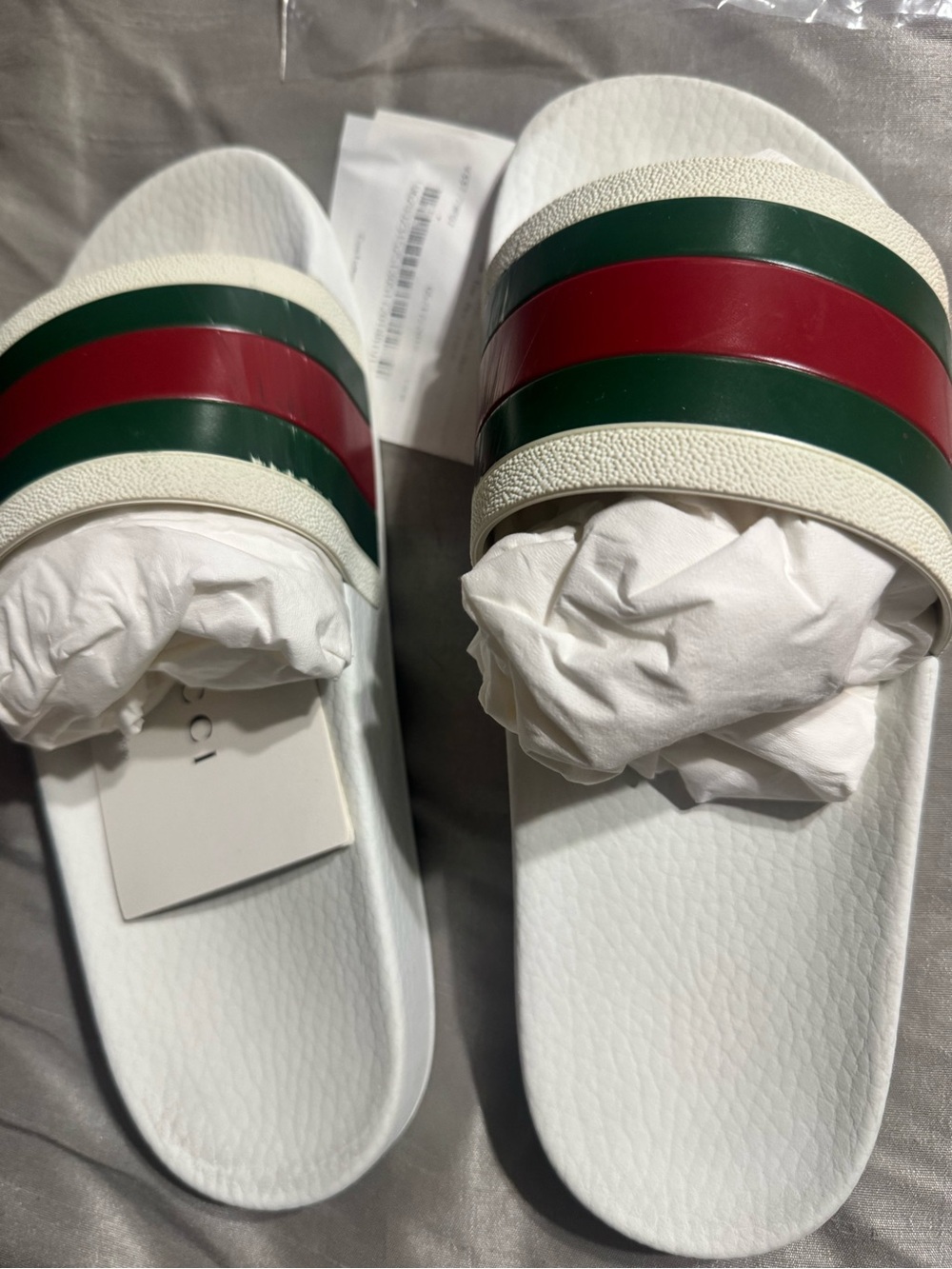 Gucci White Slide Sandals with Green and Red Stripes